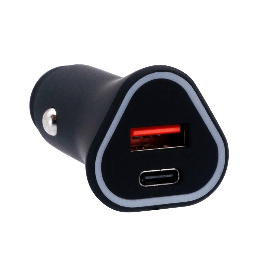 Rugged by Volkano Dual USB Car Charger featuring QC3.0 and PD for fast charging in vehicles.