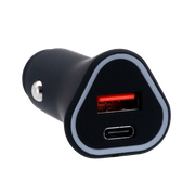 Rugged by Volkano Dual USB Car Charger featuring QC3.0 and PD for fast charging in vehicles.