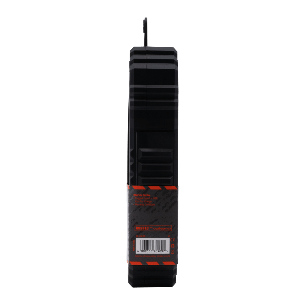 Side view of Rugged by Volkano Dual USB Car Charger featuring QC3.0 and PD for fast charging.
