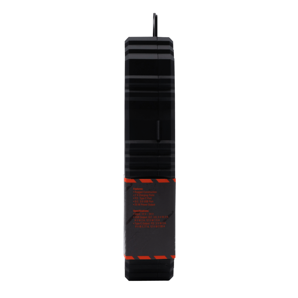 Rugged by Volkano Dual USB Car Charger featuring QC3.0 and PD technology, side view design.
