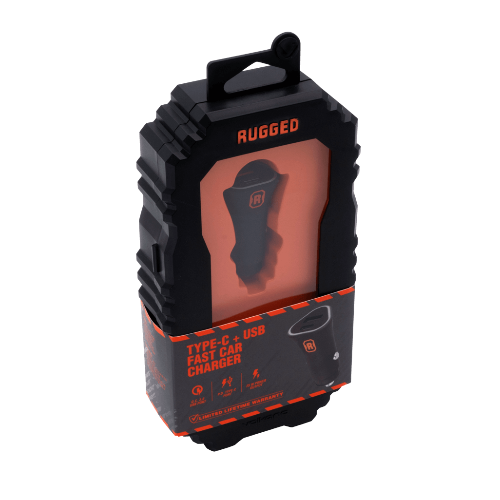 Rugged by Volkano Dual USB Car Charger packaging showcasing QC3.0 and PD technology for fast charging on the go.