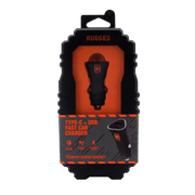 Rugged by Volkano Dual USB Car Charger packaging with QC3.0 and PD features for fast charging.