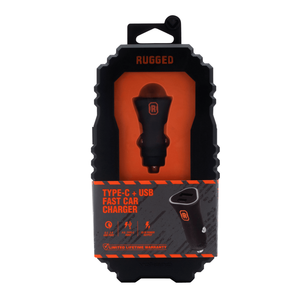Rugged by Volkano Dual USB Car Charger packaging with QC3.0 and PD features for fast charging.