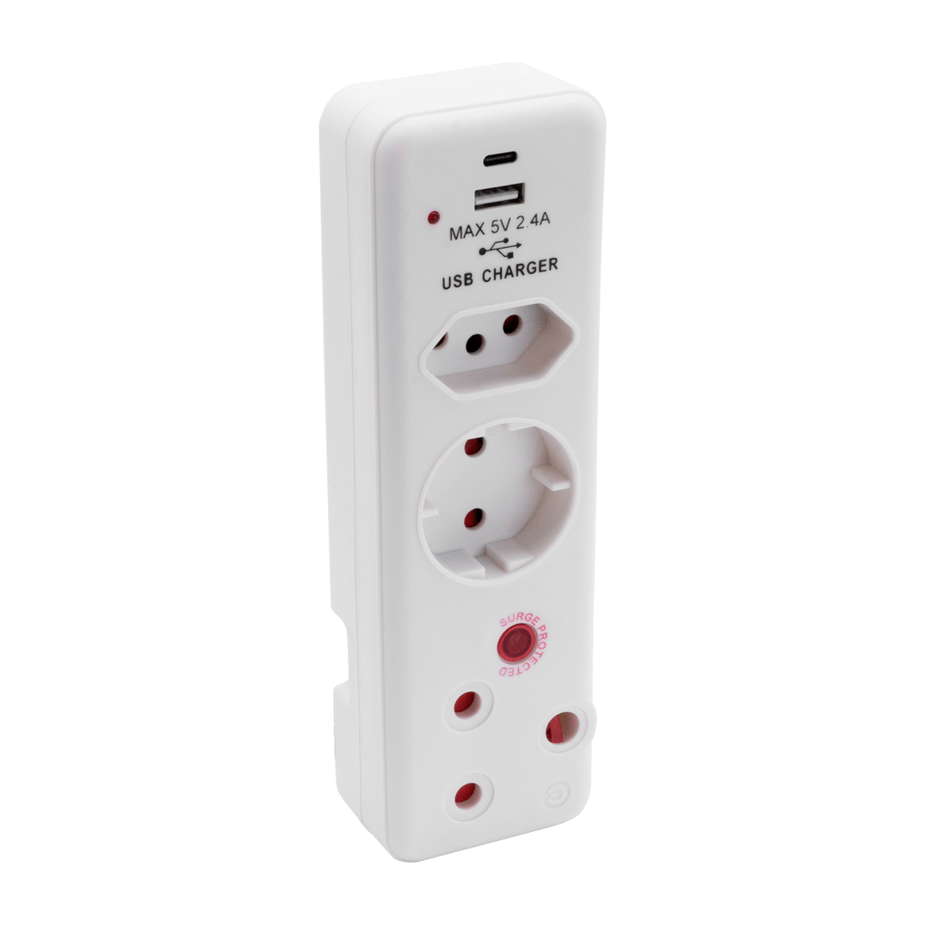 SWITCHED 3 Way Medium Surge adaptor Schuko,with type C + USB