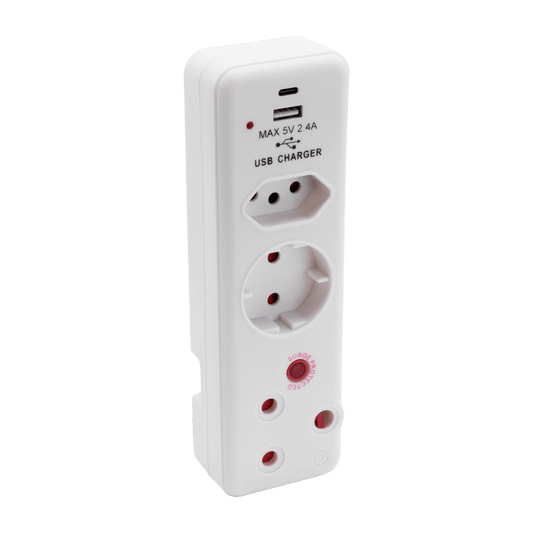 SWITCHED 3 Way Medium Surge adaptor Schuko,with type C + USB