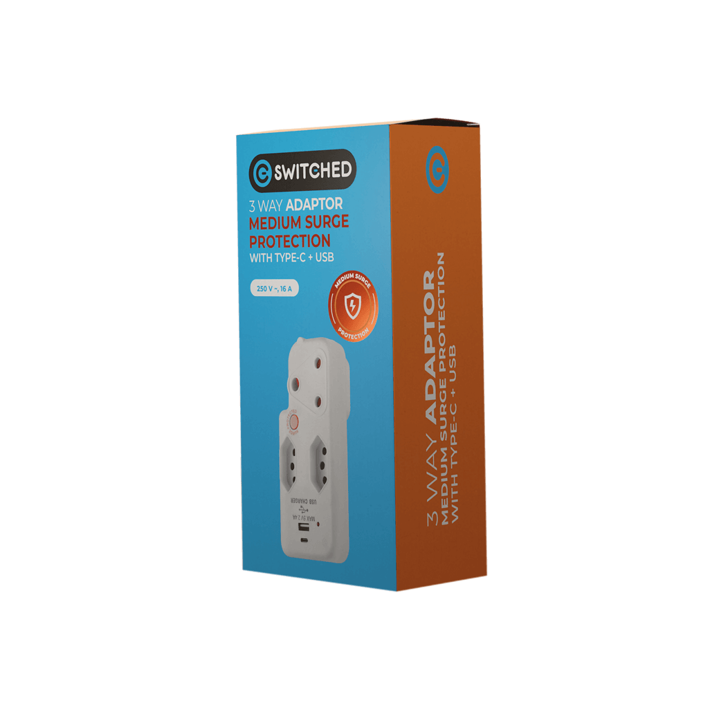 SWITCHED 3 Way Medium Surge adaptor with type C + USB - White