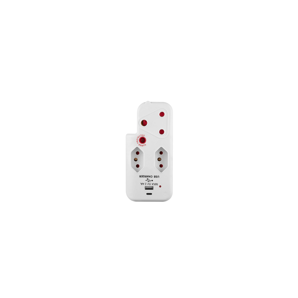 SWITCHED 3 Way Medium Surge adaptor with type C + USB - White