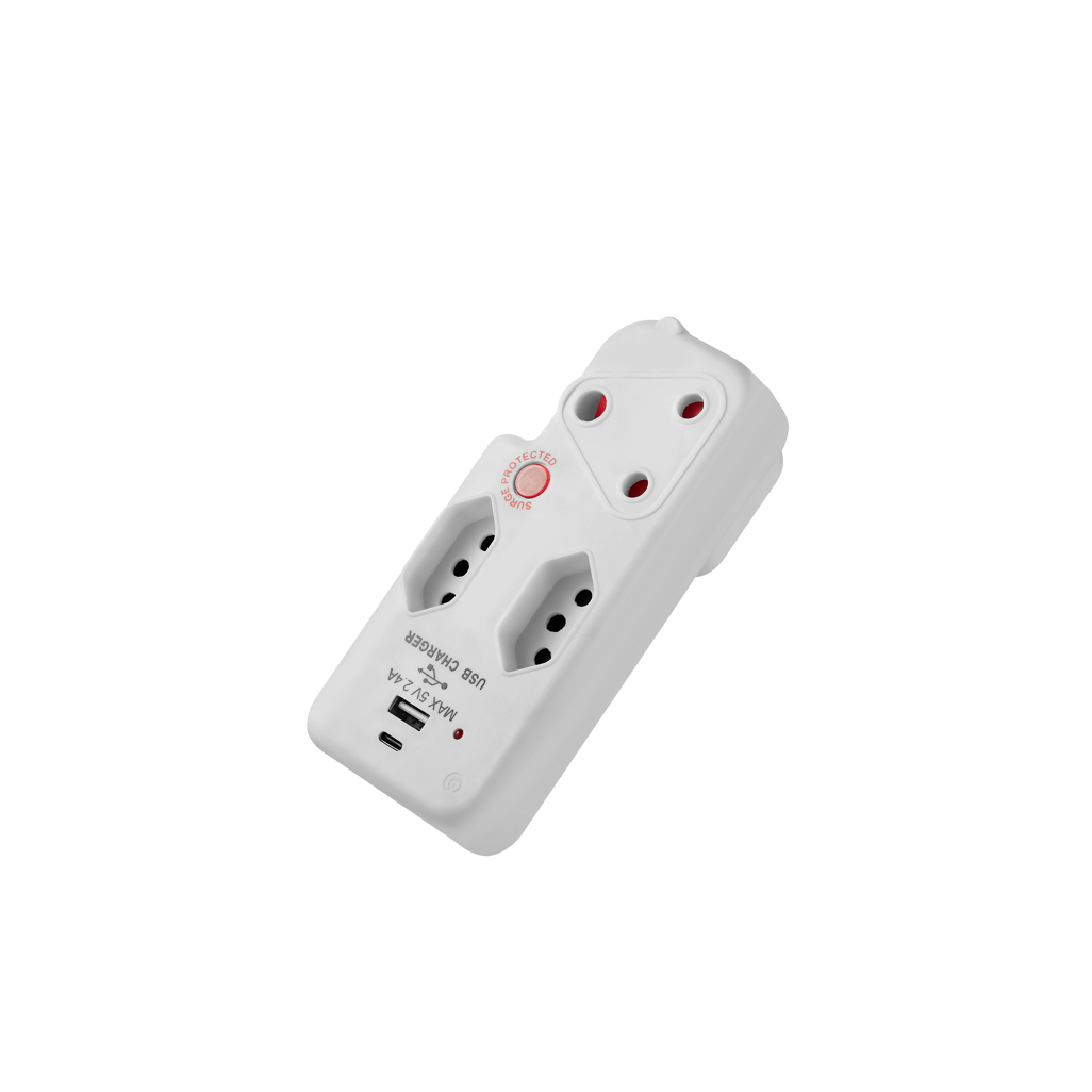 SWITCHED 3 Way Medium Surge adaptor with type C + USB - White