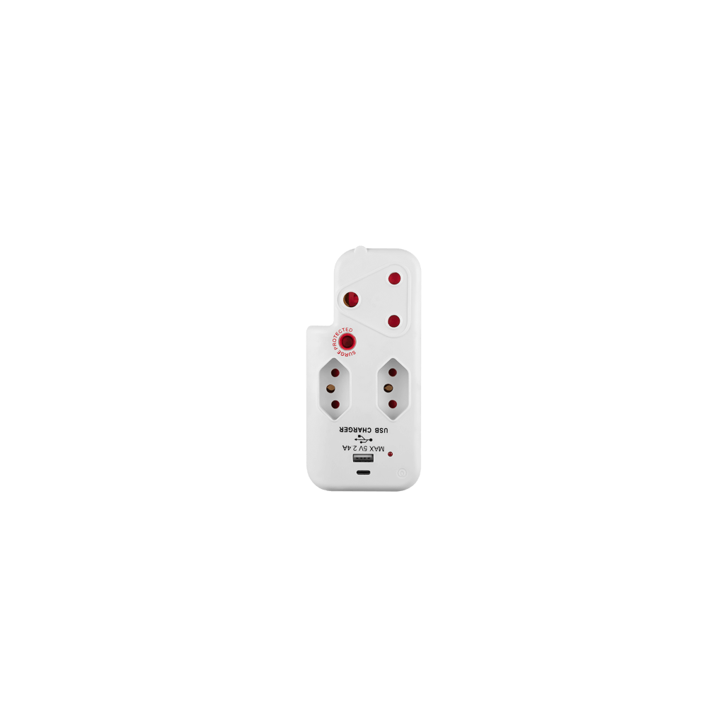 SWITCHED 3 Way Medium Surge adaptor with type C + USB - White