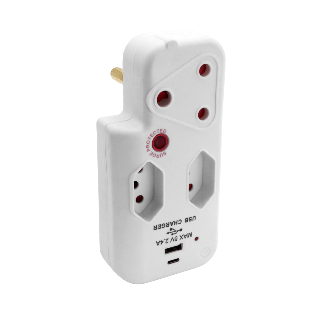SWITCHED 3 Way Medium Surge adaptor with type C + USB - White