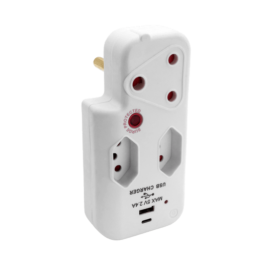 SWITCHED 3 Way Medium Surge adaptor with type C + USB - White