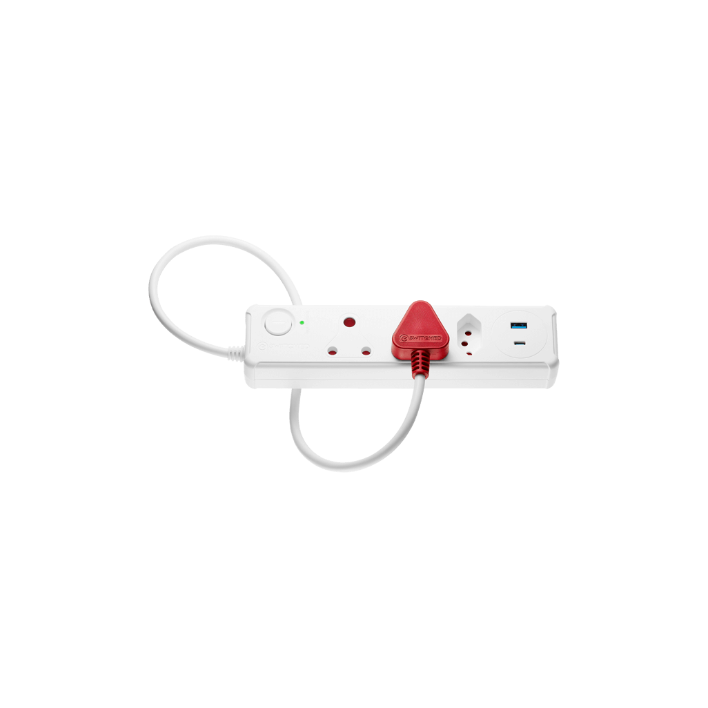 SWITCHED 3 Way Surge Protected Multiplug with 1x Type C and 3.4A USB Ports, 0.5M, White, Red power indicator.