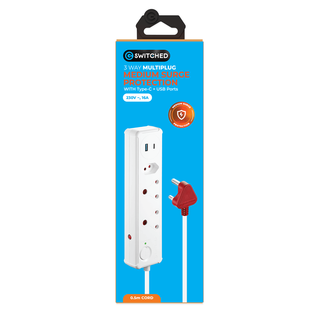 SWITCHED 3 Way Medium Surge Protected Multiplug with Type C and USB ports, 0.5M length, white color, on a blue background.