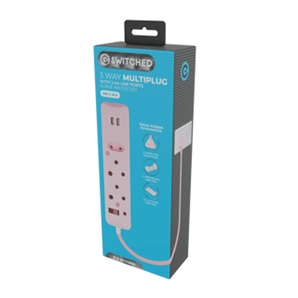 SWITCHED 3 Way Medium Surge Protected Multiplug with Dual 2.4A USB Ports 0.5M Braided Cord Pink
