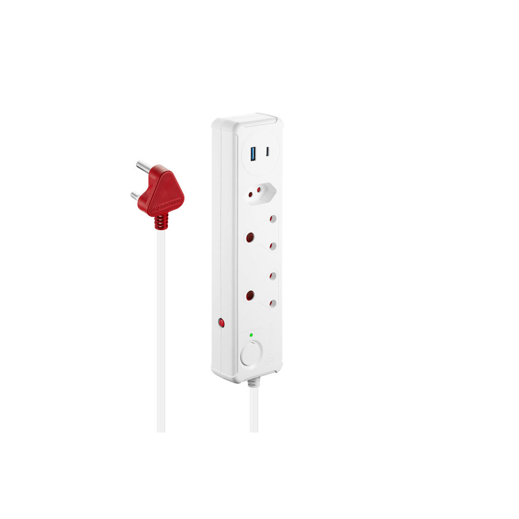 Switched 3 Way Surge Protected Multiplug with Type C and USB Ports, 0.5M, White