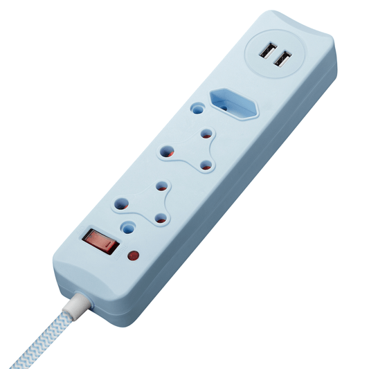 SWITCHED 3 Way Medium Surge Protected Multiplug with Dual 2.4A USB Ports 0.5M Braided Cord Blue