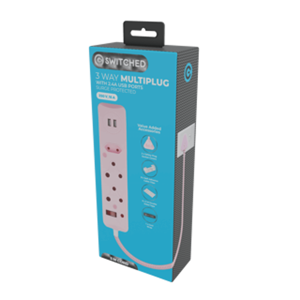 SWITCHED 3 Way Surge Protected Multiplug with Dual 2.4A USB Ports 3M Braided Cord Pink