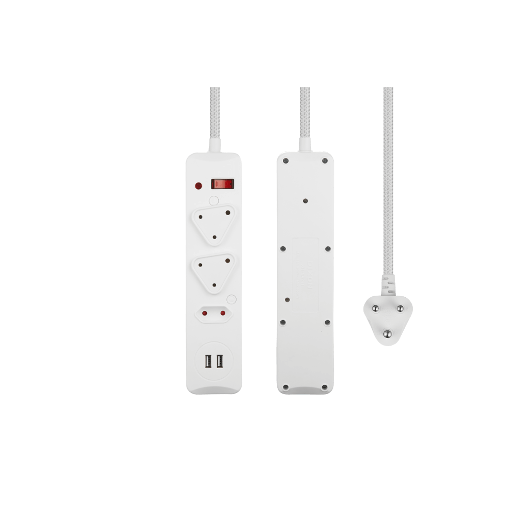 SWITCHED 3 Way Surge Protected Multiplug with Dual 2.4A USB Ports 3M Braided Cord White