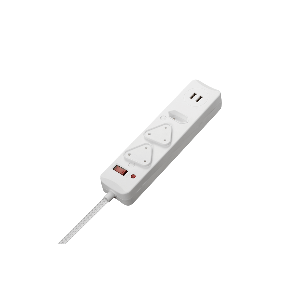 SWITCHED 3 Way Surge Protected Multiplug with Dual 2.4A USB Ports 3M Braided Cord White