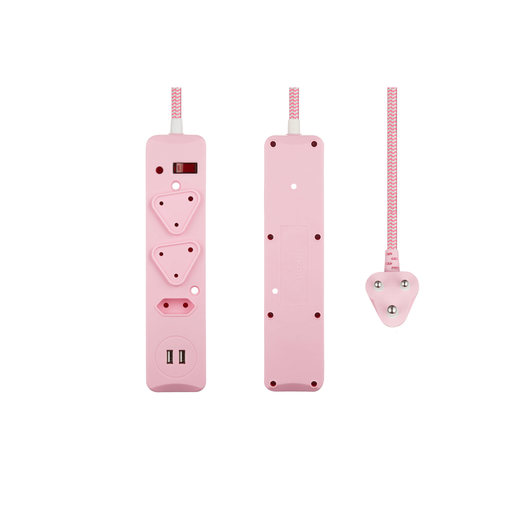 SWITCHED 3 Way Surge Protected Multiplug with Dual 2.4A USB Ports 3M Braided Cord Pink