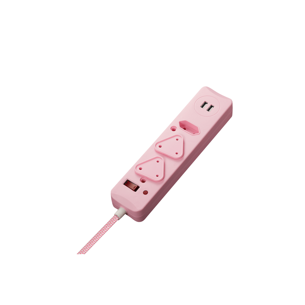 SWITCHED 3 Way Surge Protected Multiplug with Dual 2.4A USB Ports 3M Braided Cord Pink
