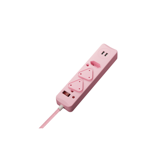 SWITCHED 3 Way Surge Protected Multiplug with Dual 2.4A USB Ports 3M Braided Cord Pink