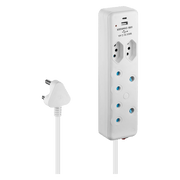 SWITCHED 4 Way Extension Lead with 1 Type C and 1 USB port, 2M power cable for versatile charging and power management.