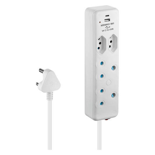 SWITCHED 4 Way Extension Lead with 1 Type C and 1 USB port, 2M power cable for versatile charging and power management.