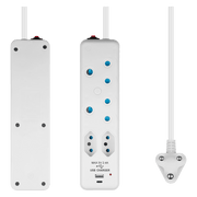 SWITCHED 4 Way Extension Lead with 1 Type C port and 1 USB, 2M length, in white, for convenient charging and power.