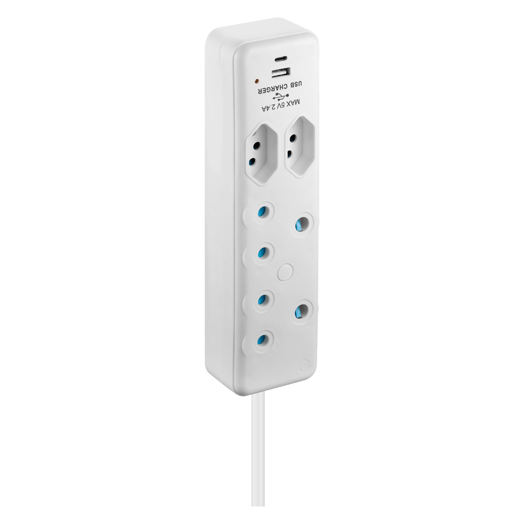 SWITCHED 4 Way Extension Lead with 2M cable, 1x Type C and 1x USB ports for convenient charging.