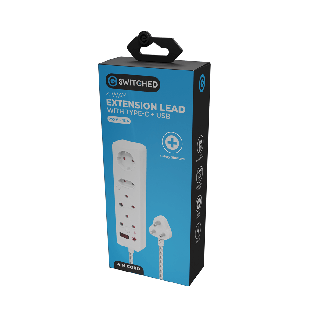 SWITCHED 4 Way Extension Lead with 1x Type C + 1x USB – 4M