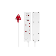 SWITCHED 4 Way Medium Surge Protected Multiplug 0.5M Cord in white with red accents, designed for safety and efficiency.