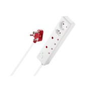 4 way medium surge protected multiplug with 0.5m white cord and red switch, designed for safe electrical connections.