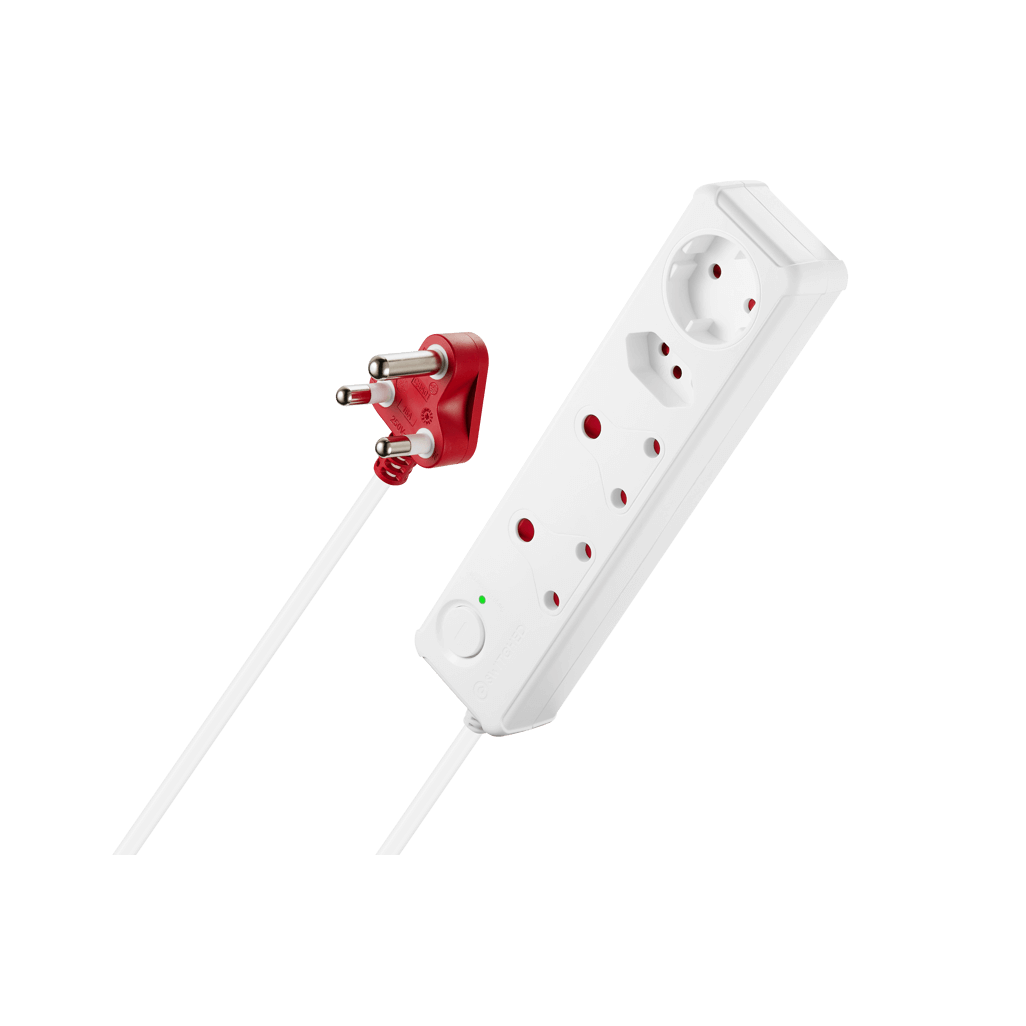 4 way medium surge protected multiplug with 0.5m white cord and red switch, designed for safe electrical connections.