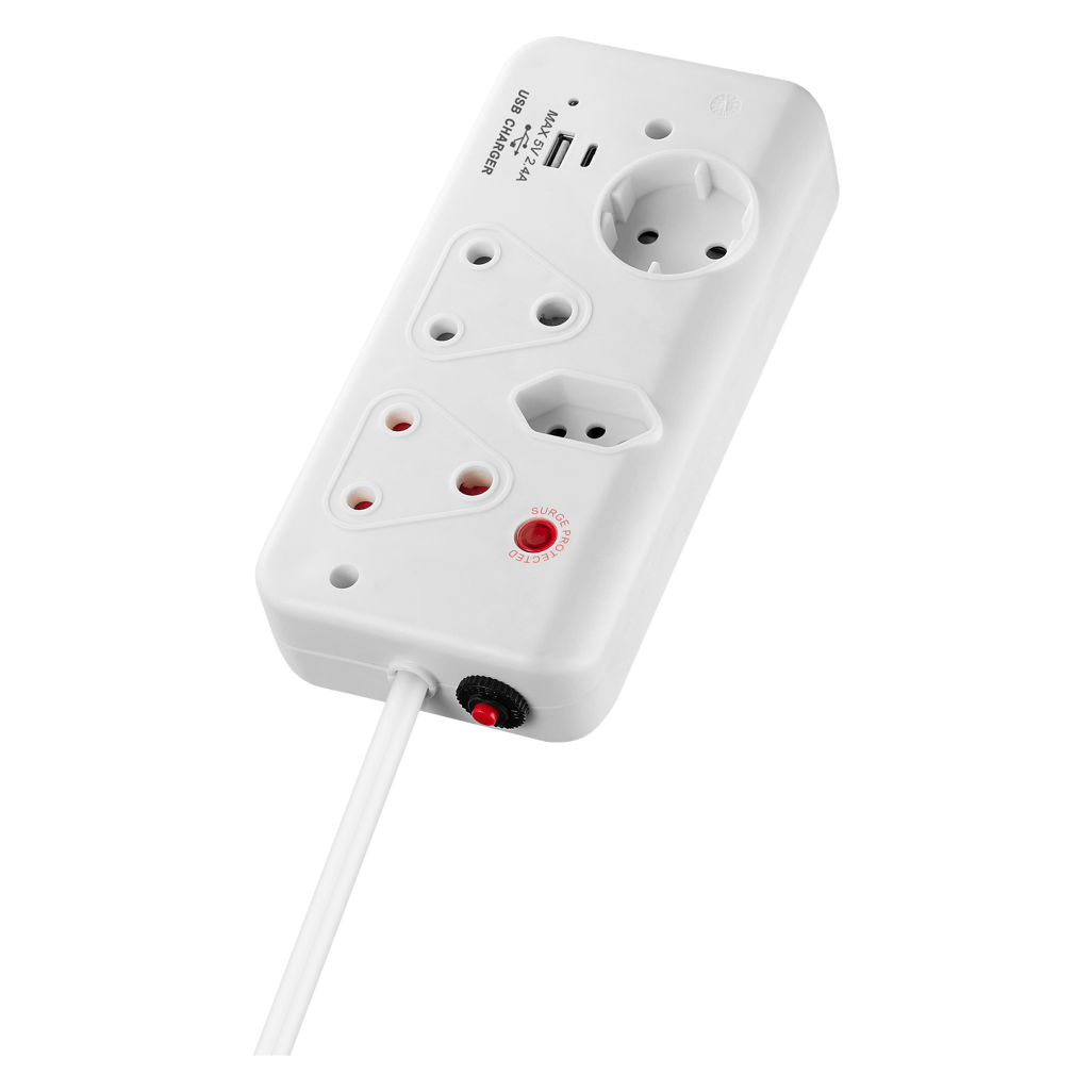 SWITCHED 4Way with 1xType C+1xUSB 2.4A socket Medium Surge Protected 0.5m