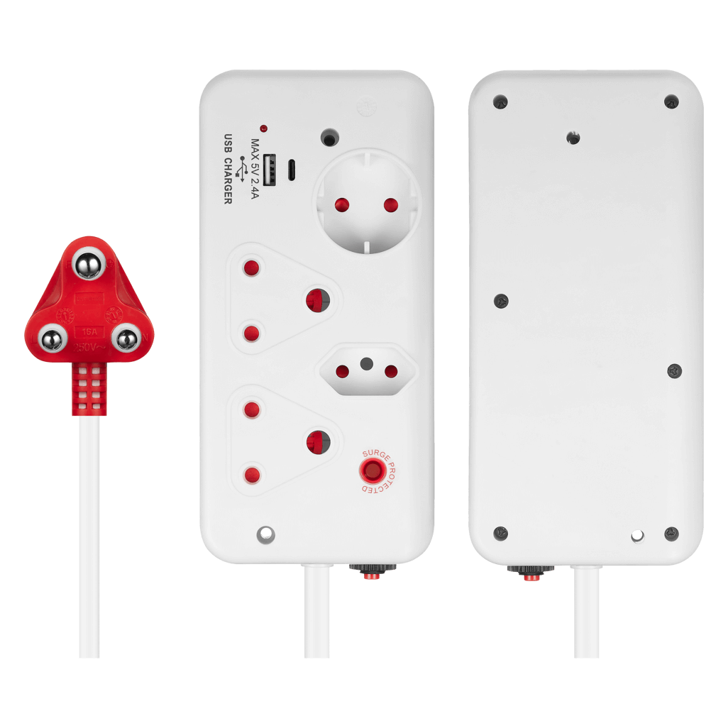 SWITCHED 4Way with 1xType C+1xUSB 2.4A socket Medium Surge Protected 0.5m