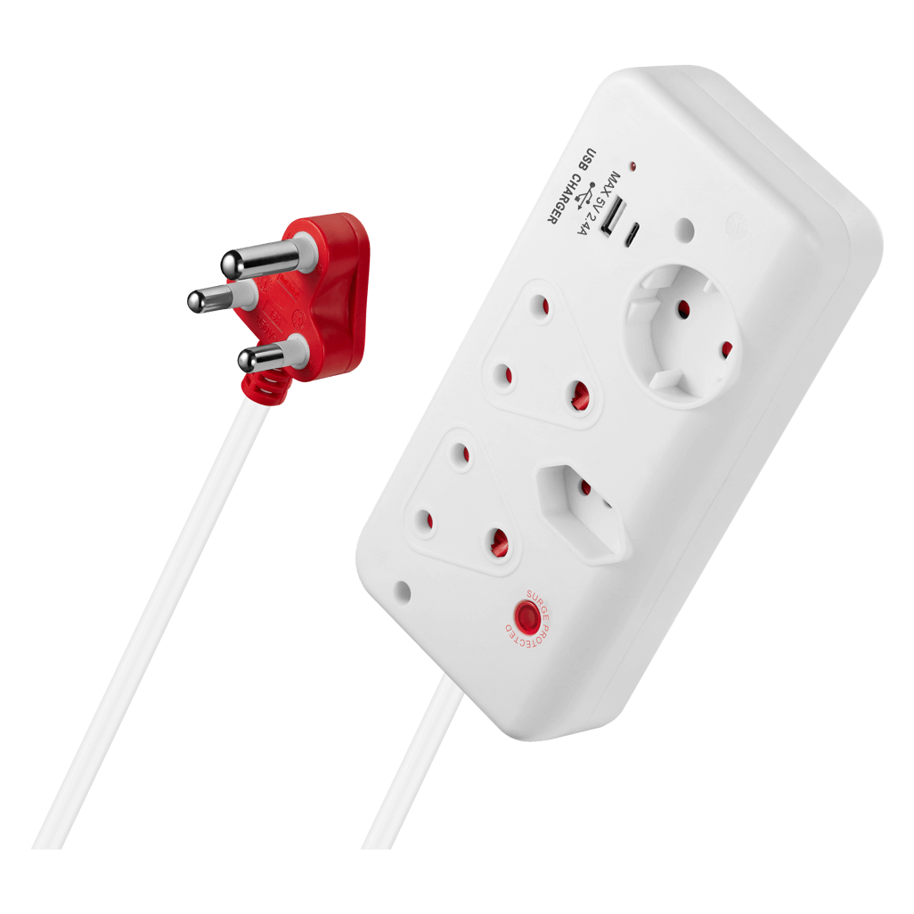 SWITCHED 4Way with 1xType C+1xUSB 2.4A socket Medium Surge Protected 0.5m