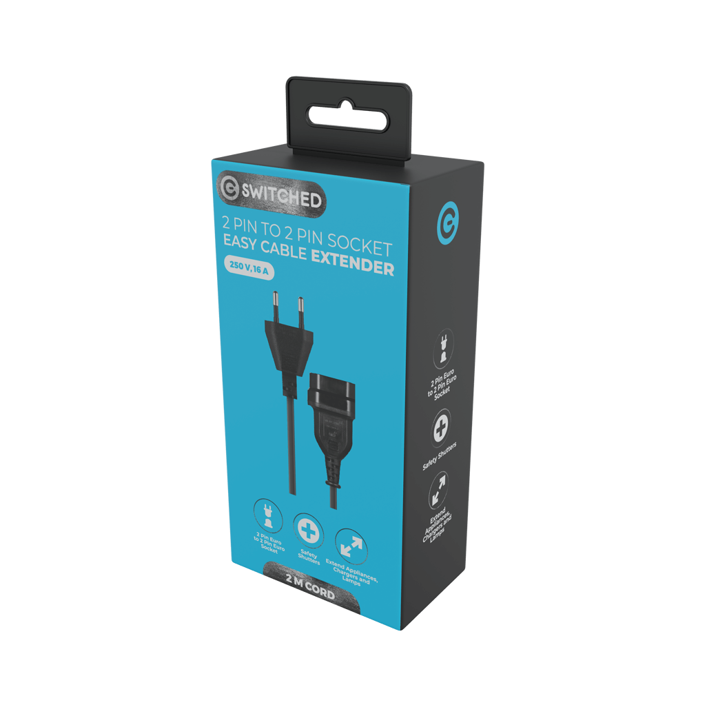 SWITCHED Easy Cable Extender 2Pin Euro to 2Pin Euro Socket 2M - Black