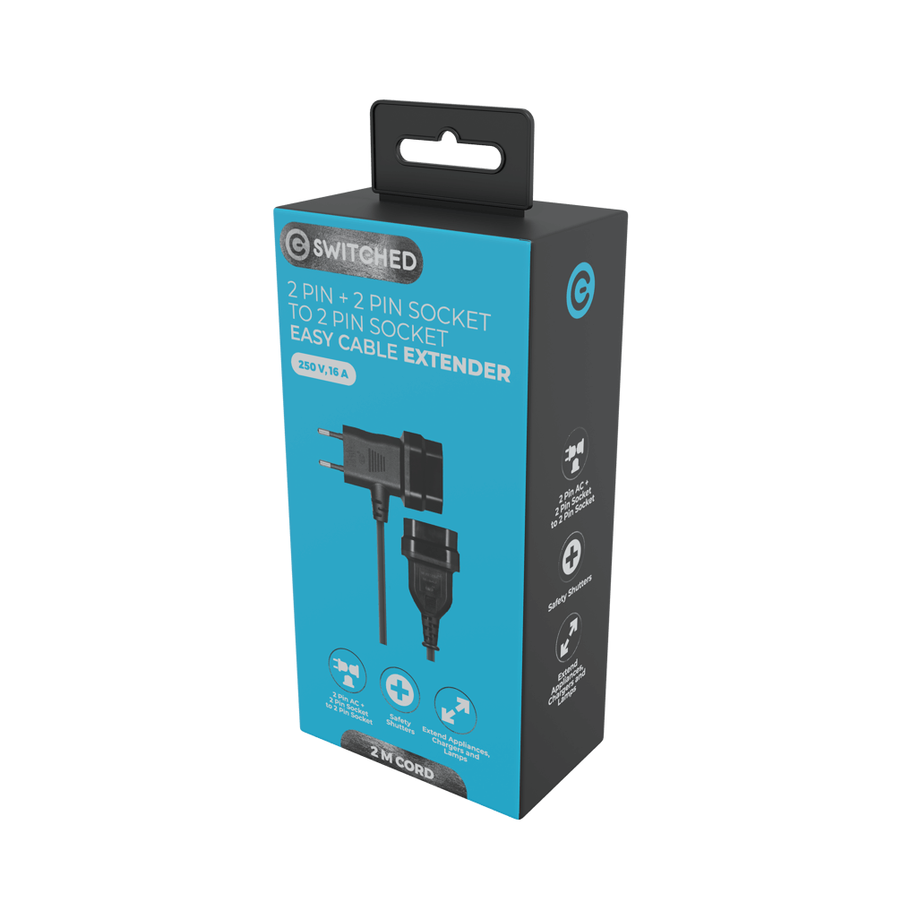 SWITCHED Easy Cable Extender 2Pin Euro to T Shape AC 2Pin Euro Socket 2M - Black