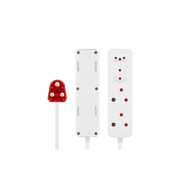 SWITCHED High Surge 4 Way Multiplug 0.5M 1140J in white with red plug, ideal for multiple device connections.