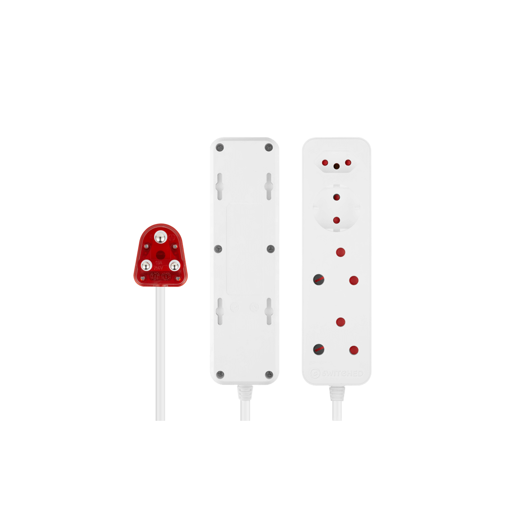 SWITCHED High Surge 4 Way Multiplug 0.5M 1140J in white with red plug, ideal for multiple device connections.