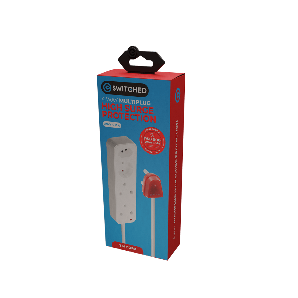 SWITCHED High Surge 4 Way Multiplug with 3M cord, offering surge protection and multiple socket options.