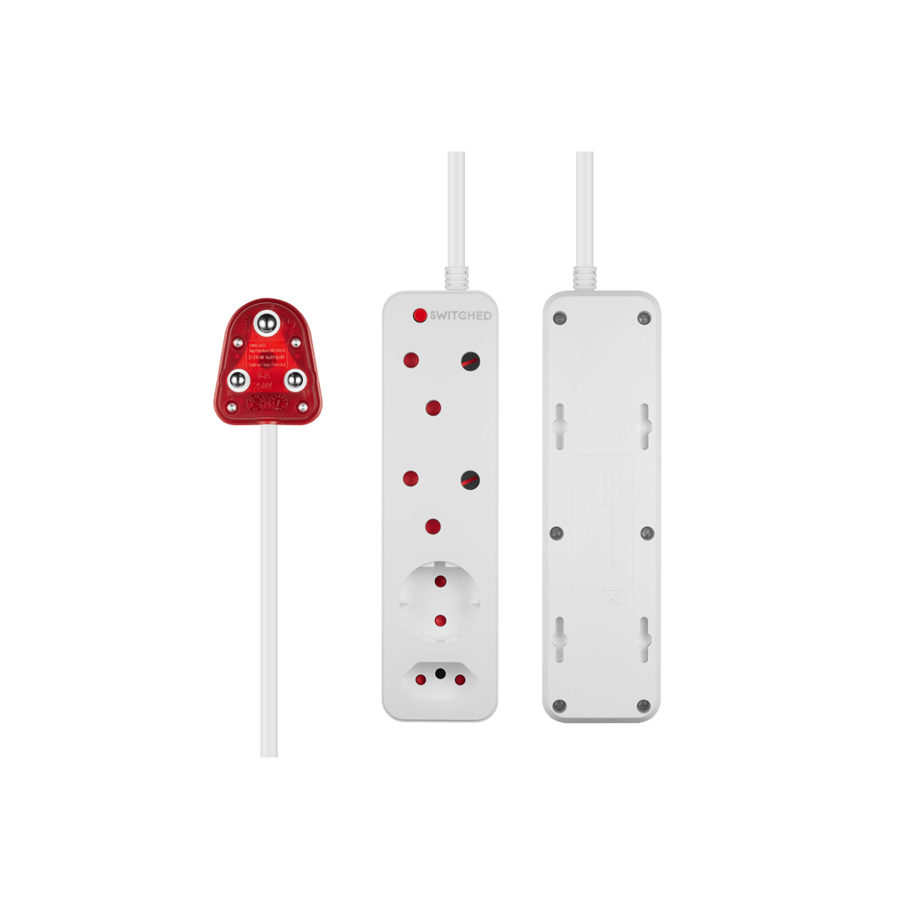 SWITCHED High Surge 4 Way Multiplug 3M 1140J, featuring red plug and multiple socket outlets, ideal for home or office use.