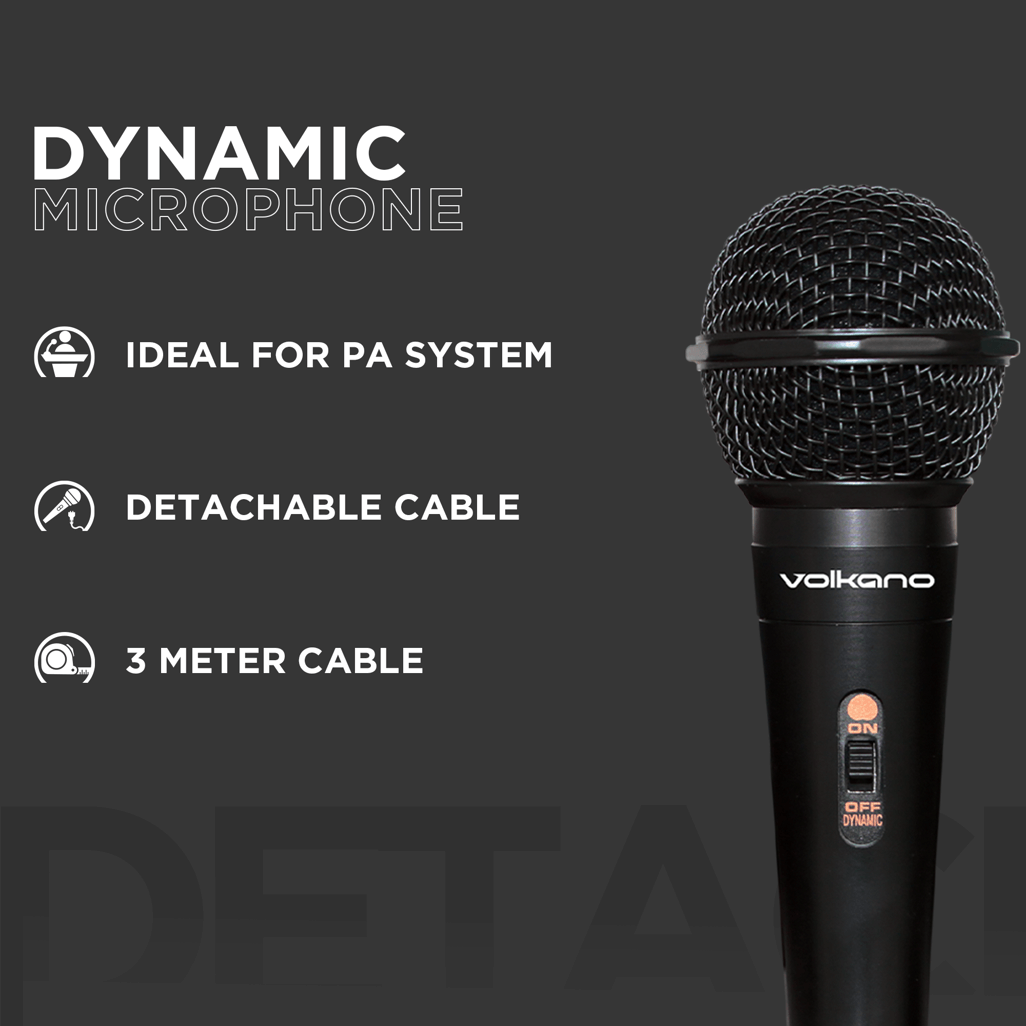 Volkano Ace dynamic microphone with detachable cable, ideal for PA systems, 3-meter length for versatile use.