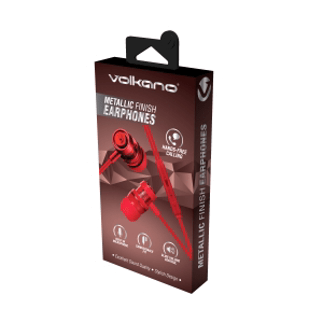 Volkano Alloy Series Earphones in solid red packaging, featuring metallic finish and mic for hands-free calls.
