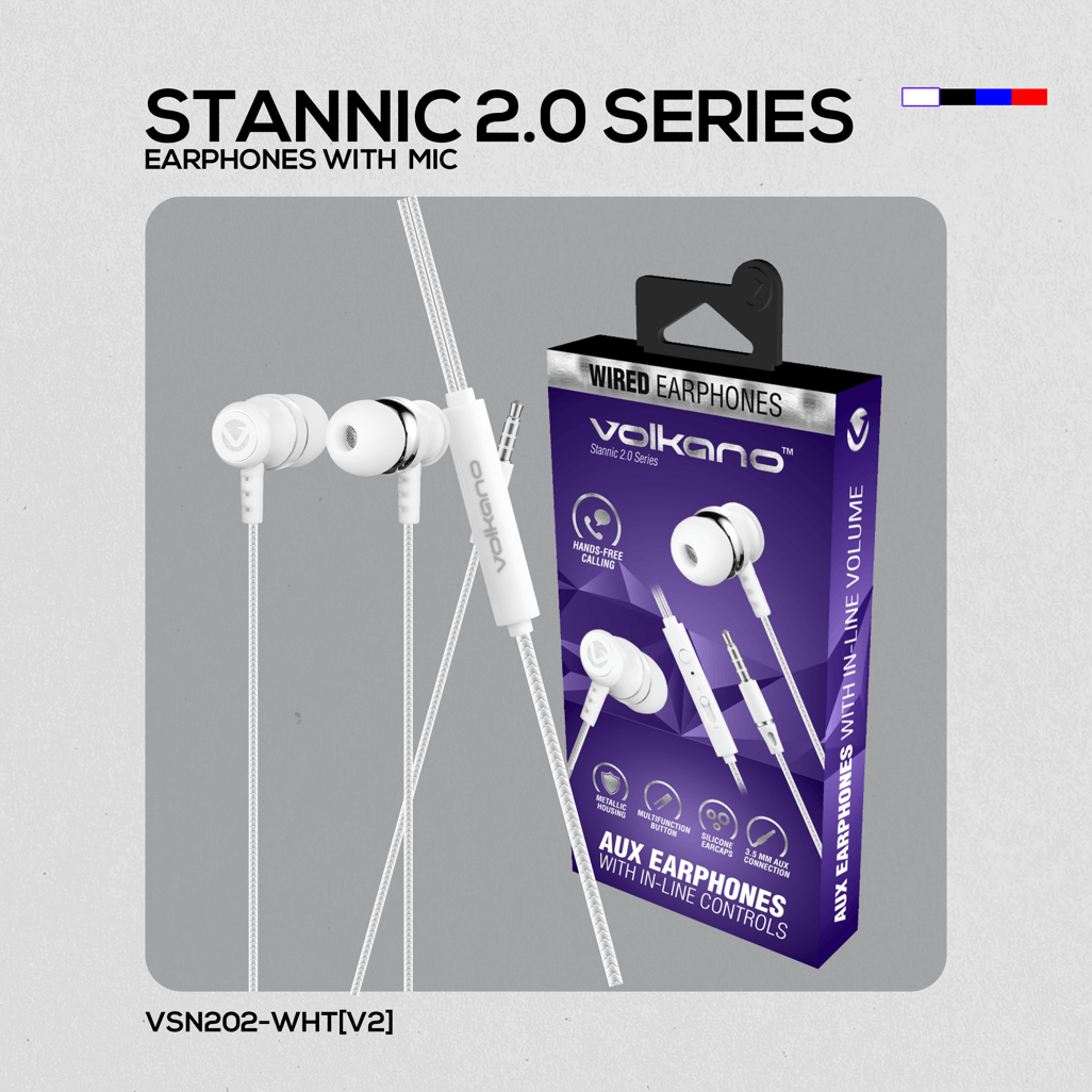 Volkano Earphones with Mic - STANNIC SERIES - White