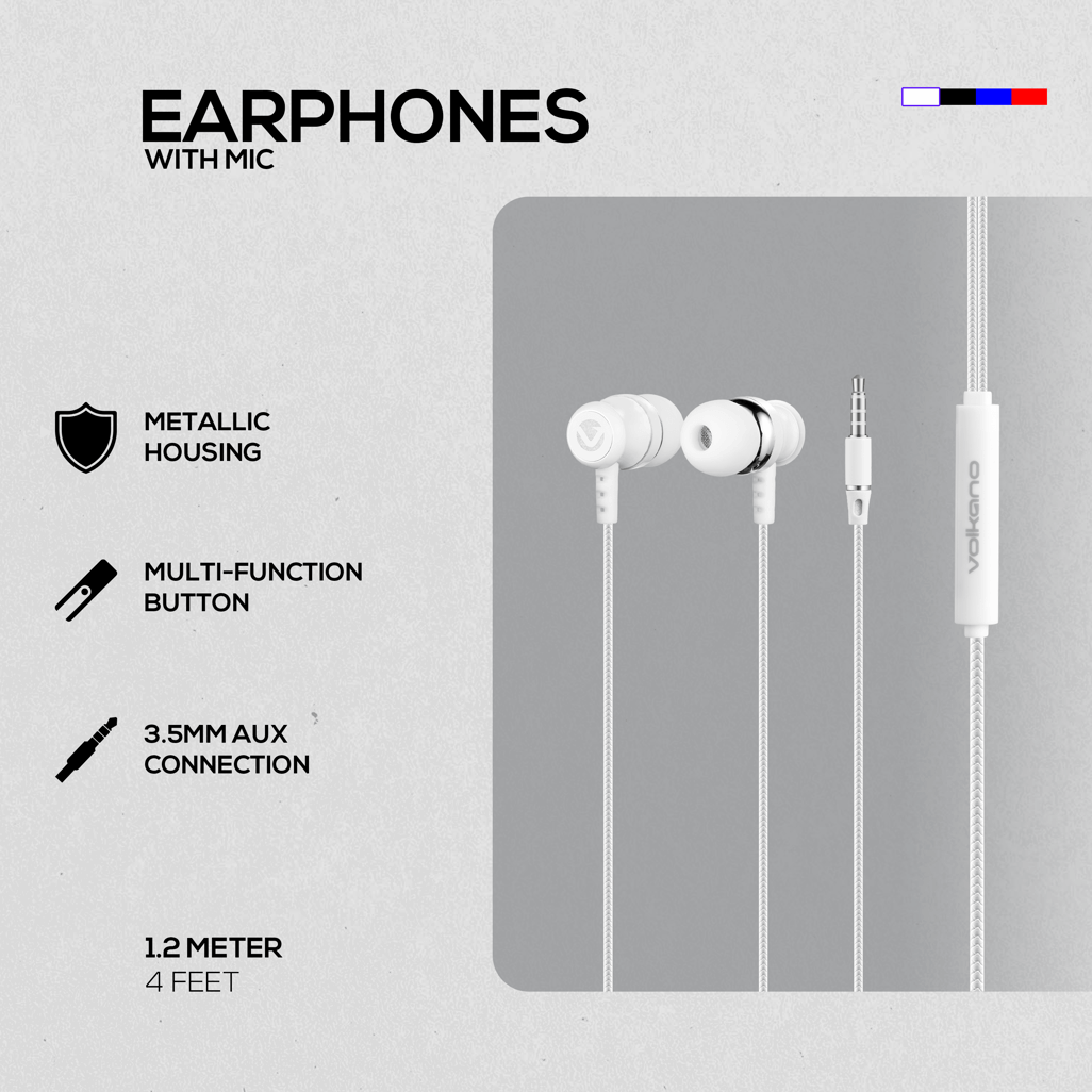 Volkano Earphones with Mic - STANNIC SERIES - White