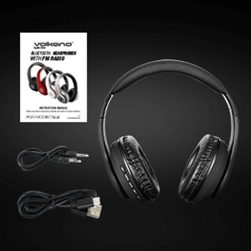 Volkano Impulse Series Bluetooth Headphones in black, with instruction manual and accessories, perfect for music lovers.
