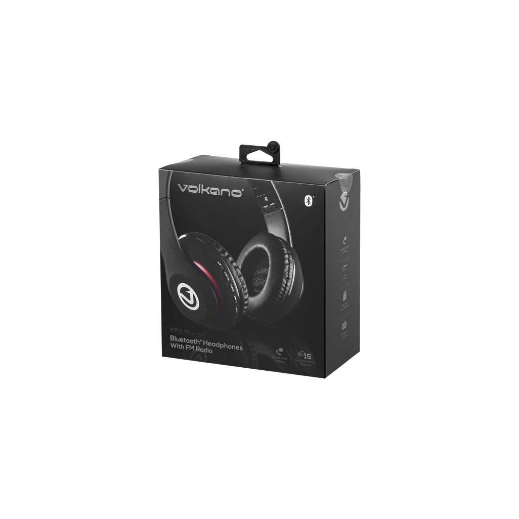 Volkano Impulse Series Bluetooth Headphones packaging in black, featuring FM radio and wireless capabilities.
