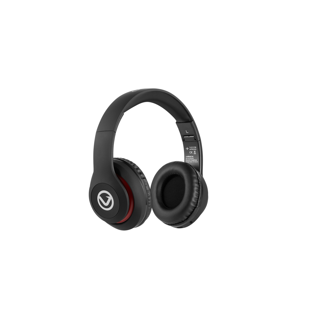 Volkano Impulse Series Bluetooth Headphones in black with red accents, showcasing a sleek, modern design.